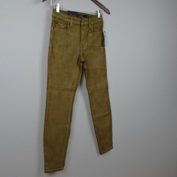 Ralph Lauren Skinny Ankle Jeans Women's Size 0 Gold Metallic High Rise Coated - Picture 4 of 12